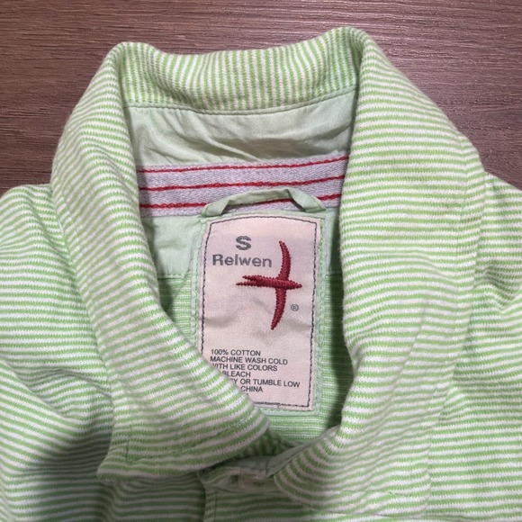 Relwen Men's Small Ringspun Jersey Polo Lime Green & White Striped Single Pocket - Picture 5 of 10
